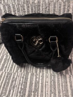 Juicy Couture Black Faux Fur Satchel with Heart Emblem
